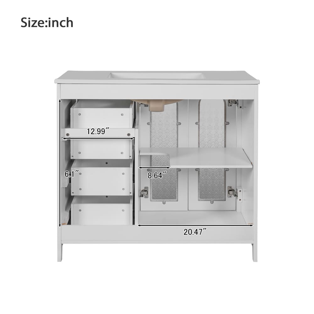 36-inch bathroom vanity with two soft-close doors, adjustable shelves and three drawers