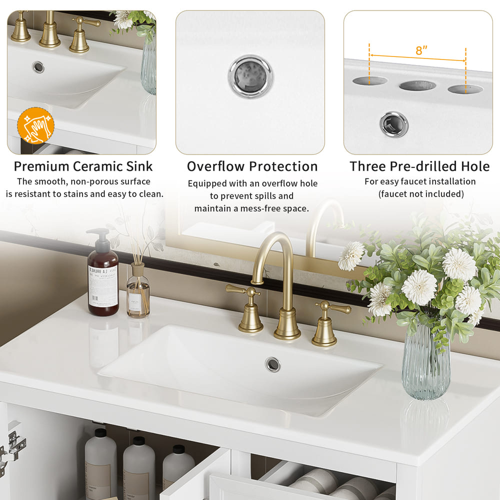 36-inch bathroom vanity with two soft-close doors, adjustable shelves and three drawers