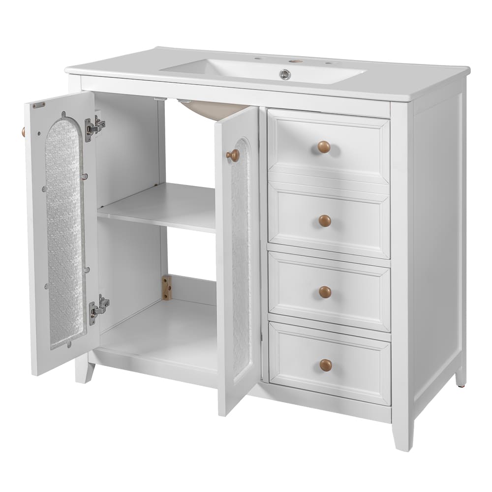 36-inch bathroom vanity with two soft-close doors, adjustable shelves and three drawers