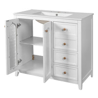 36-inch bathroom vanity with two soft-close doors, adjustable shelves and three drawers