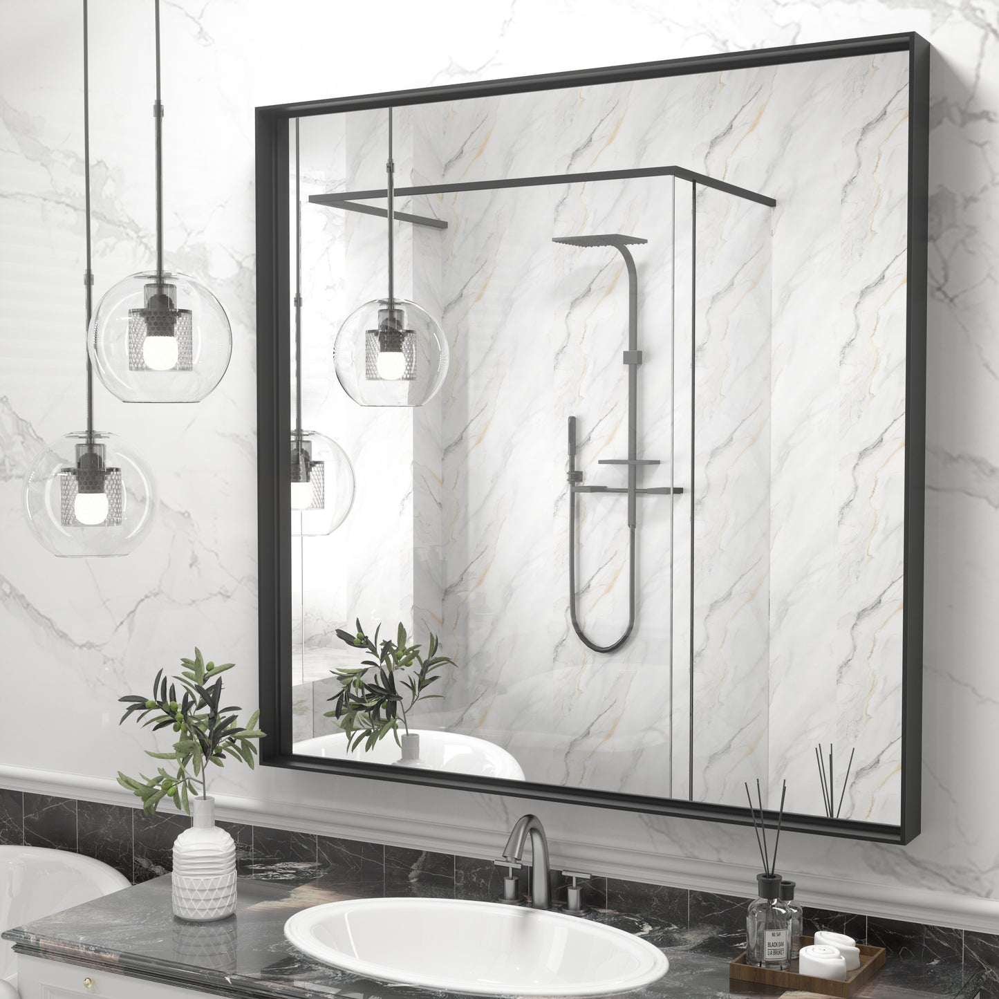 Vanityfus 36-in W 40-in H Rectangle Matte Black Framed Wall-Mounted Bathroom Vanity Mirror in Silver