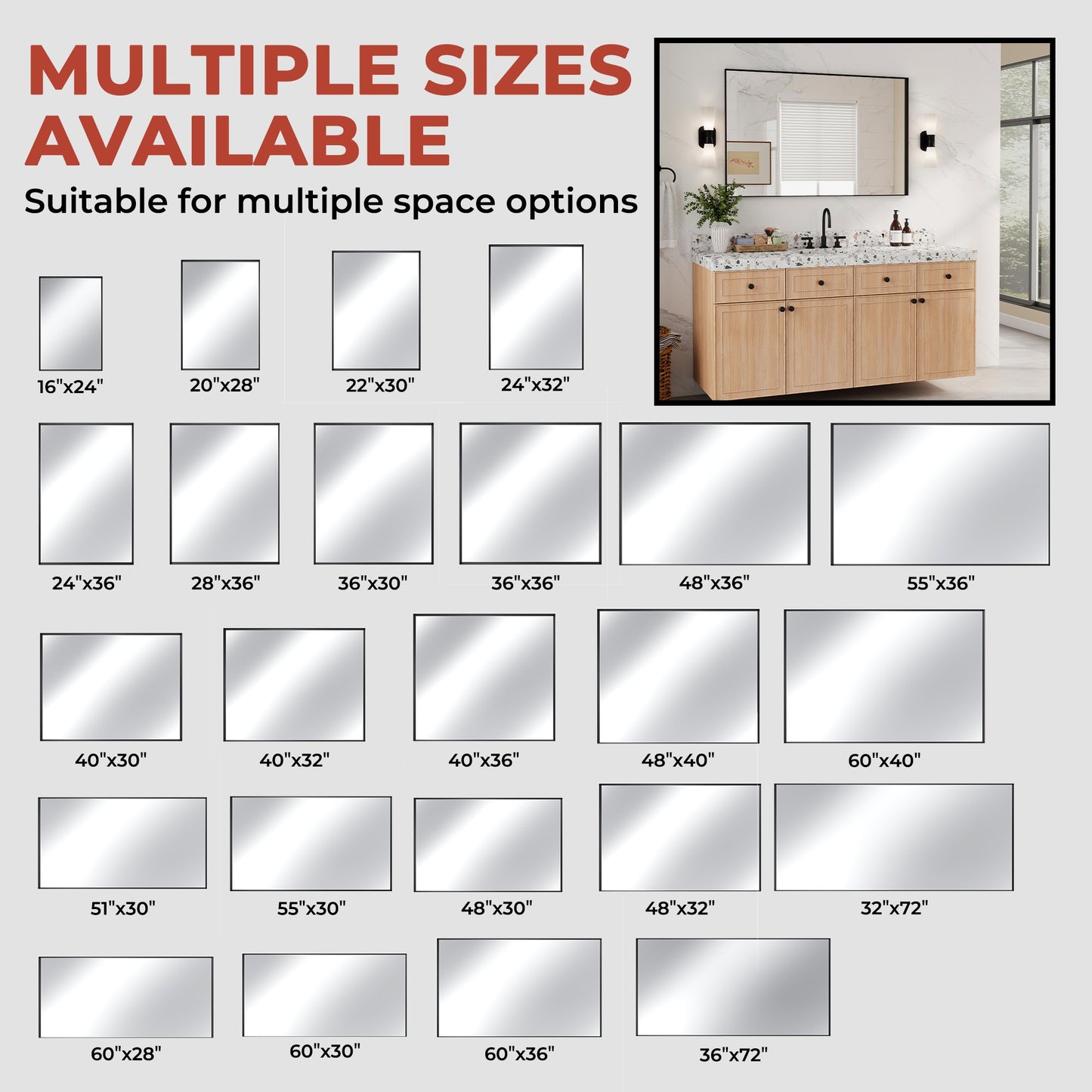 Vanityfus 40-in W 48-in H Rectangle Matte Black Framed Wall-Mounted Bathroom Vanity Mirror in sliver
