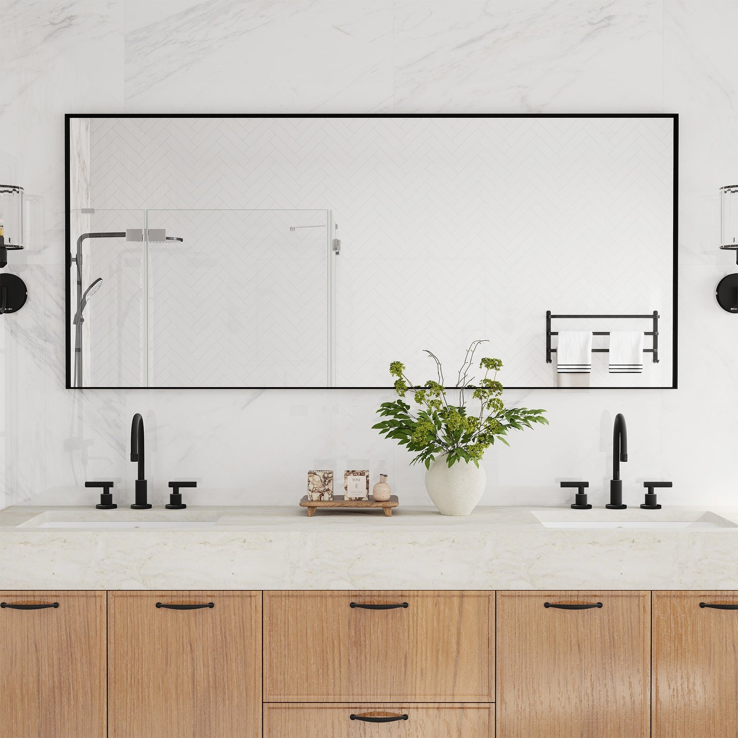 Vanityfus 32-in W 72-in H Rectangle Matte Black Framed Wall-Mounted Bathroom Vanity Mirror in sliver
