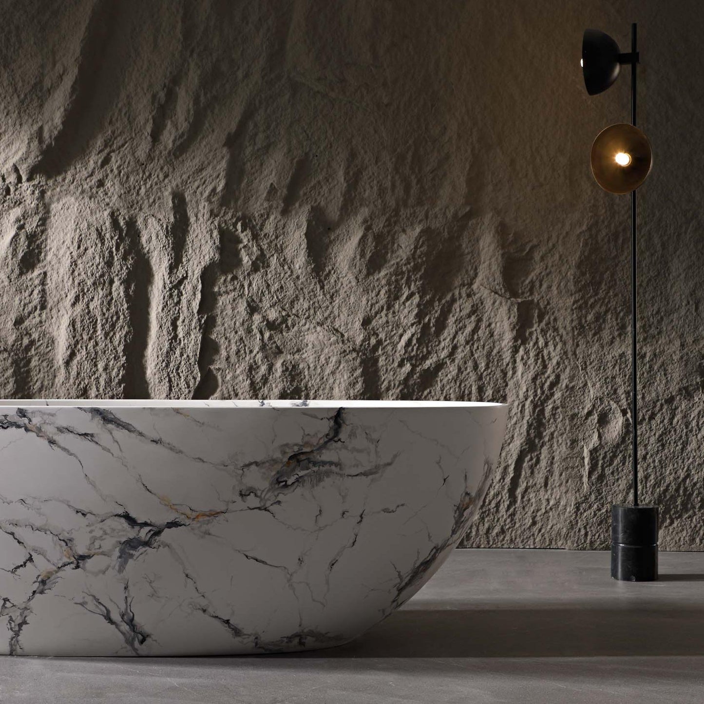 Vanityfus 30-in x 65-in Statuario White Marble Look Solid Surface Oval Freestanding Soaking Bathtub with Drain (Center Drain)