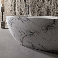 Vanityfus 30-in x 65-in Statuario White Marble Look Solid Surface Oval Freestanding Soaking Bathtub with Drain (Center Drain)