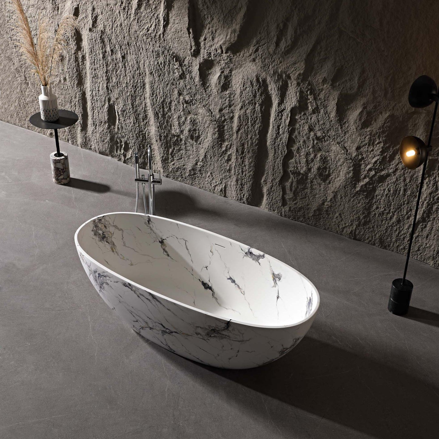 Vanityfus 30-in x 65-in Statuario White Marble Look Solid Surface Oval Freestanding Soaking Bathtub with Drain (Center Drain)
