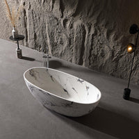Vanityfus 30-in x 65-in Statuario White Marble Look Solid Surface Oval Freestanding Soaking Bathtub with Drain (Center Drain)