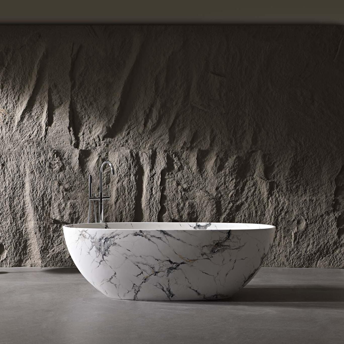 Vanityfus 30-in x 65-in Statuario White Marble Look Solid Surface Oval Freestanding Soaking Bathtub with Drain (Center Drain)