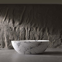 Vanityfus 30-in x 65-in Statuario White Marble Look Solid Surface Oval Freestanding Soaking Bathtub with Drain (Center Drain)