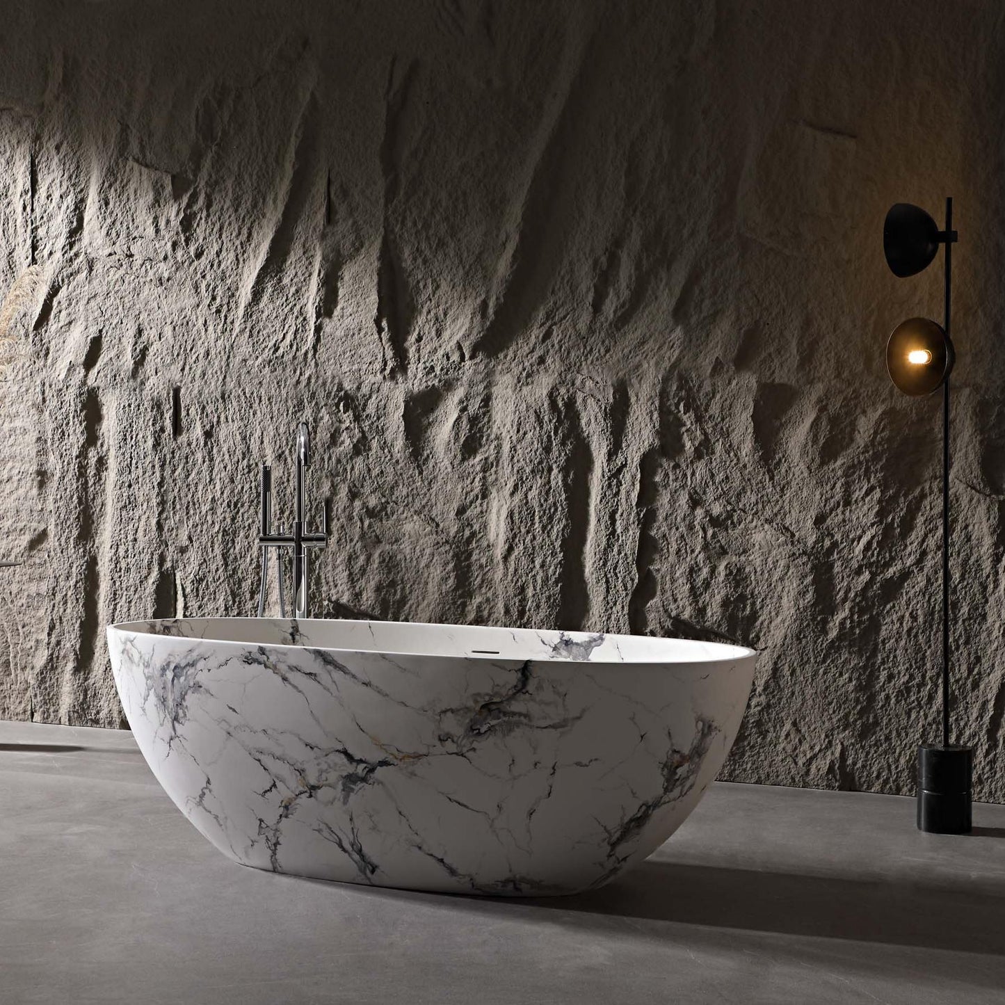 Vanityfus 30-in x 65-in Statuario White Marble Look Solid Surface Oval Freestanding Soaking Bathtub with Drain (Center Drain)