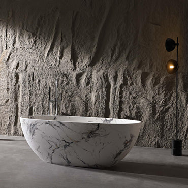 Vanityfus 30-in x 65-in Statuario White Marble Look Solid Surface Oval Freestanding Soaking Bathtub with Drain (Center Drain)