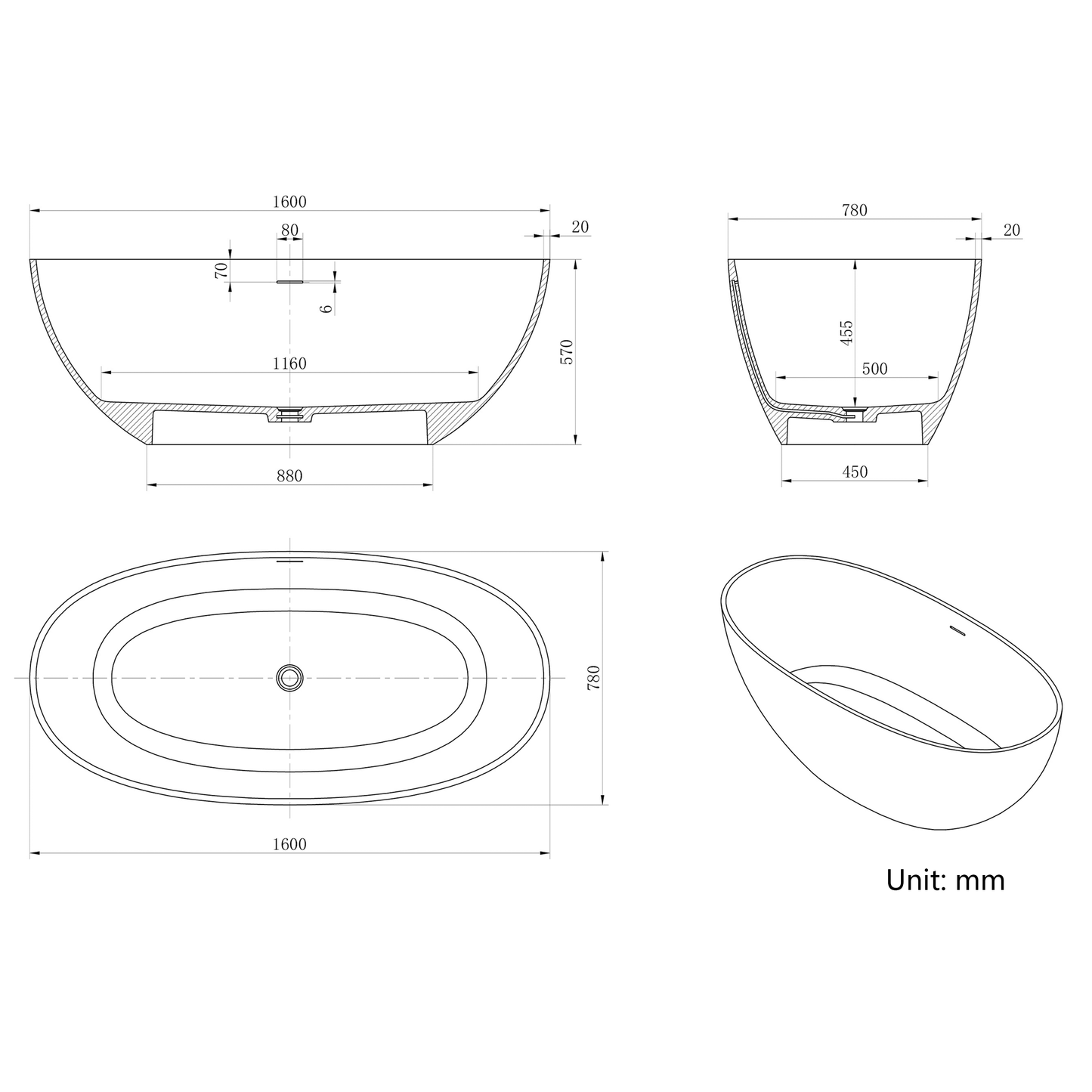Vanityfus 30-in x 65-in Statuario White Marble Look Solid Surface Oval Freestanding Soaking Bathtub with Drain (Center Drain)