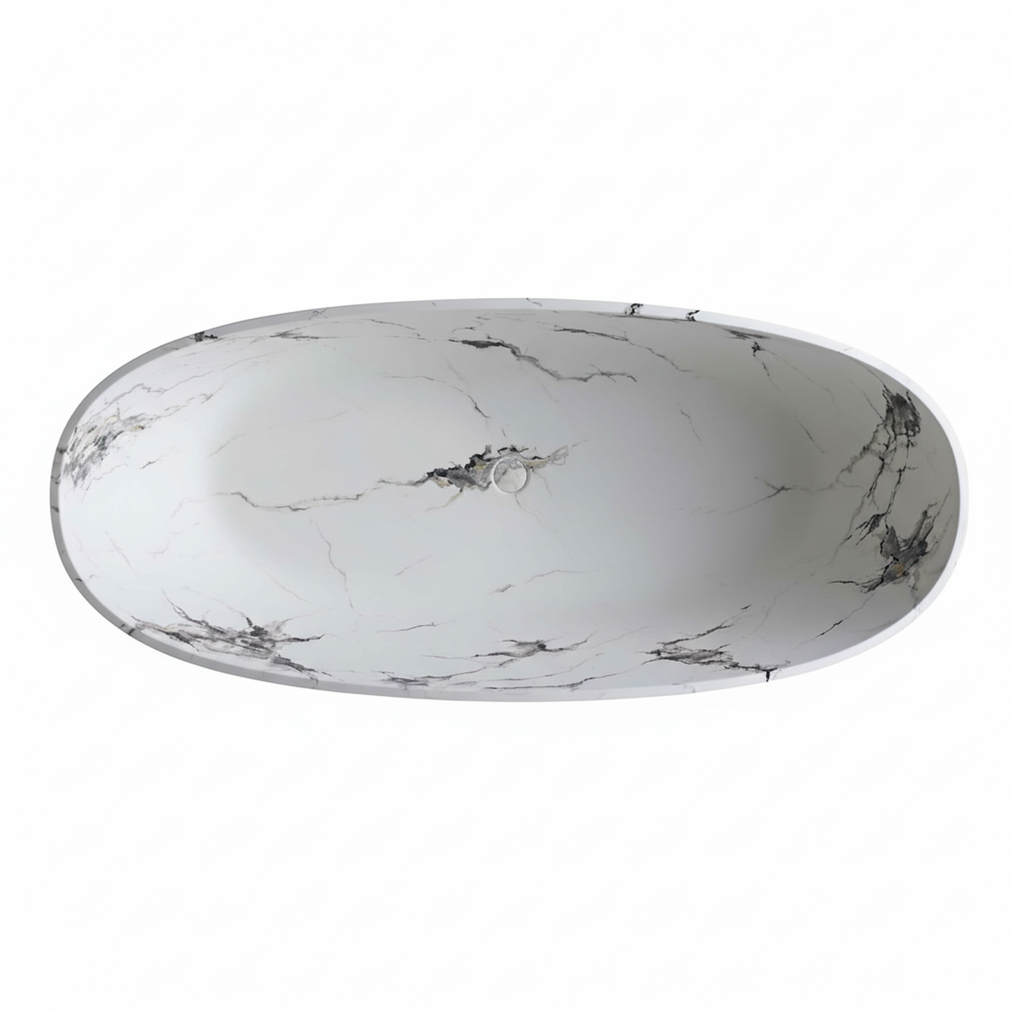 Vanityfus 30-in x 65-in Statuario White Marble Look Solid Surface Oval Freestanding Soaking Bathtub with Drain (Center Drain)