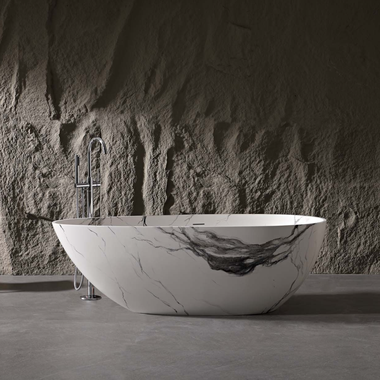 Vanityfus 31-in x 59-in Carrara Marble Look Solid Surface Oval Freestanding Soaking Bathtub with Drain (Center Drain)