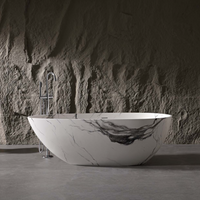 Vanityfus 31-in x 59-in Carrara Marble Look Solid Surface Oval Freestanding Soaking Bathtub with Drain (Center Drain)