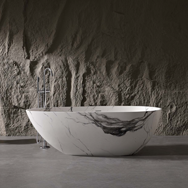 Vanityfus 31-in x 59-in Carrara Marble Look Solid Surface Oval Freestanding Soaking Bathtub with Drain (Center Drain)