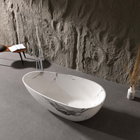 Vanityfus 31-in x 59-in Carrara Marble Look Solid Surface Oval Freestanding Soaking Bathtub with Drain (Center Drain)