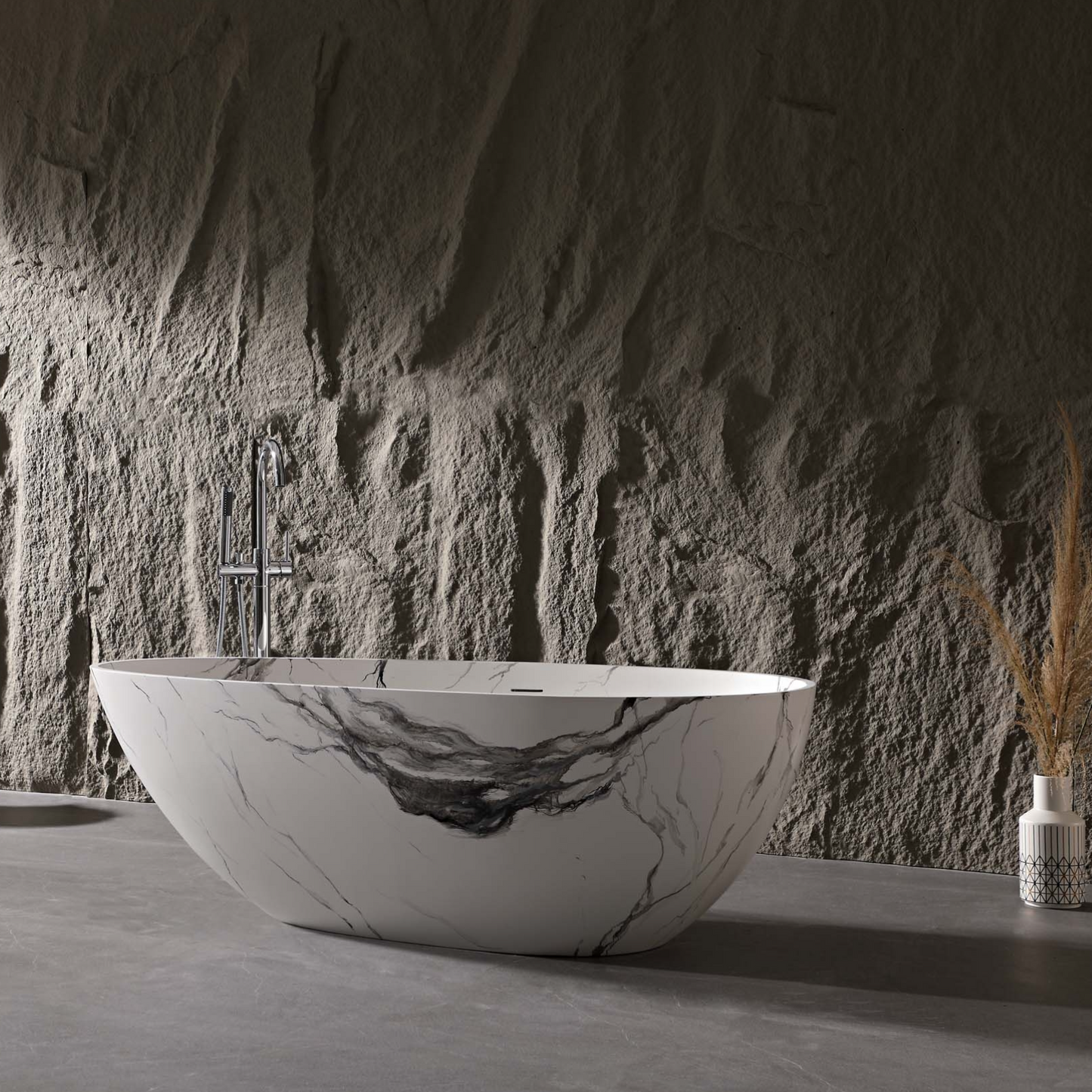 Vanityfus 31-in x 59-in Carrara Marble Look Solid Surface Oval Freestanding Soaking Bathtub with Drain (Center Drain)