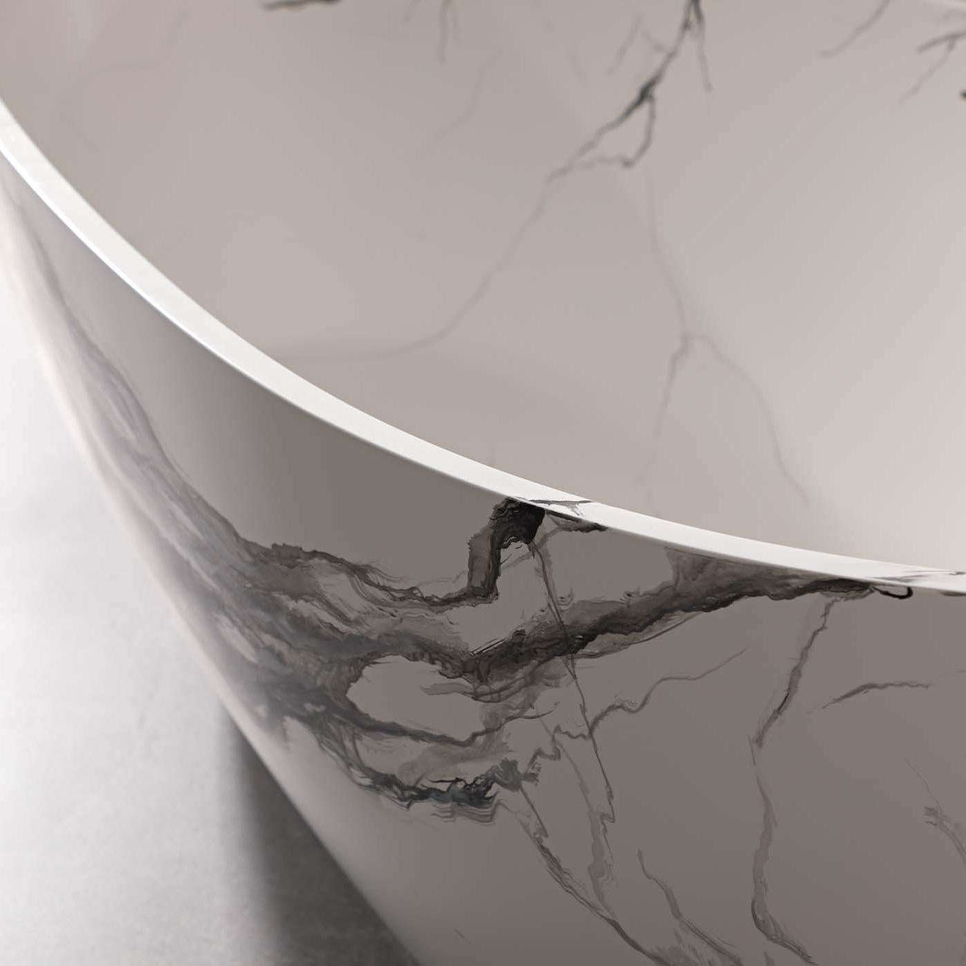 Vanityfus 31-in x 59-in Carrara Marble Look Solid Surface Oval Freestanding Soaking Bathtub with Drain (Center Drain)