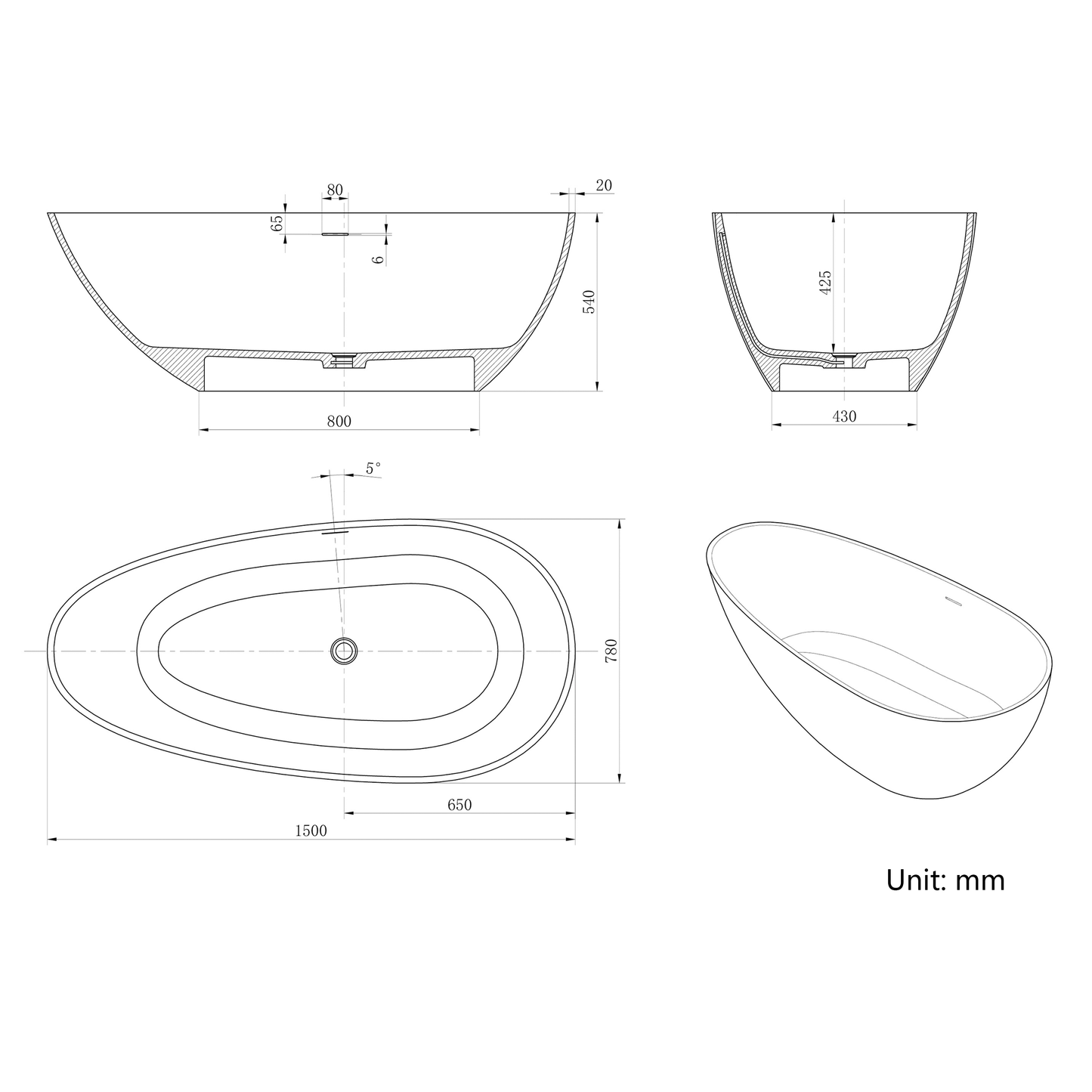 Vanityfus 31-in x 59-in Carrara Marble Look Solid Surface Oval Freestanding Soaking Bathtub with Drain (Center Drain)