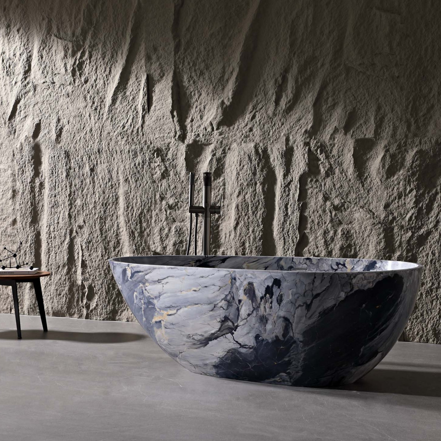 Vanityfus 31-in x 59-in Grey White Solid Surface Oval Freestanding Soaking Bathtub with Drain (Center Drain)