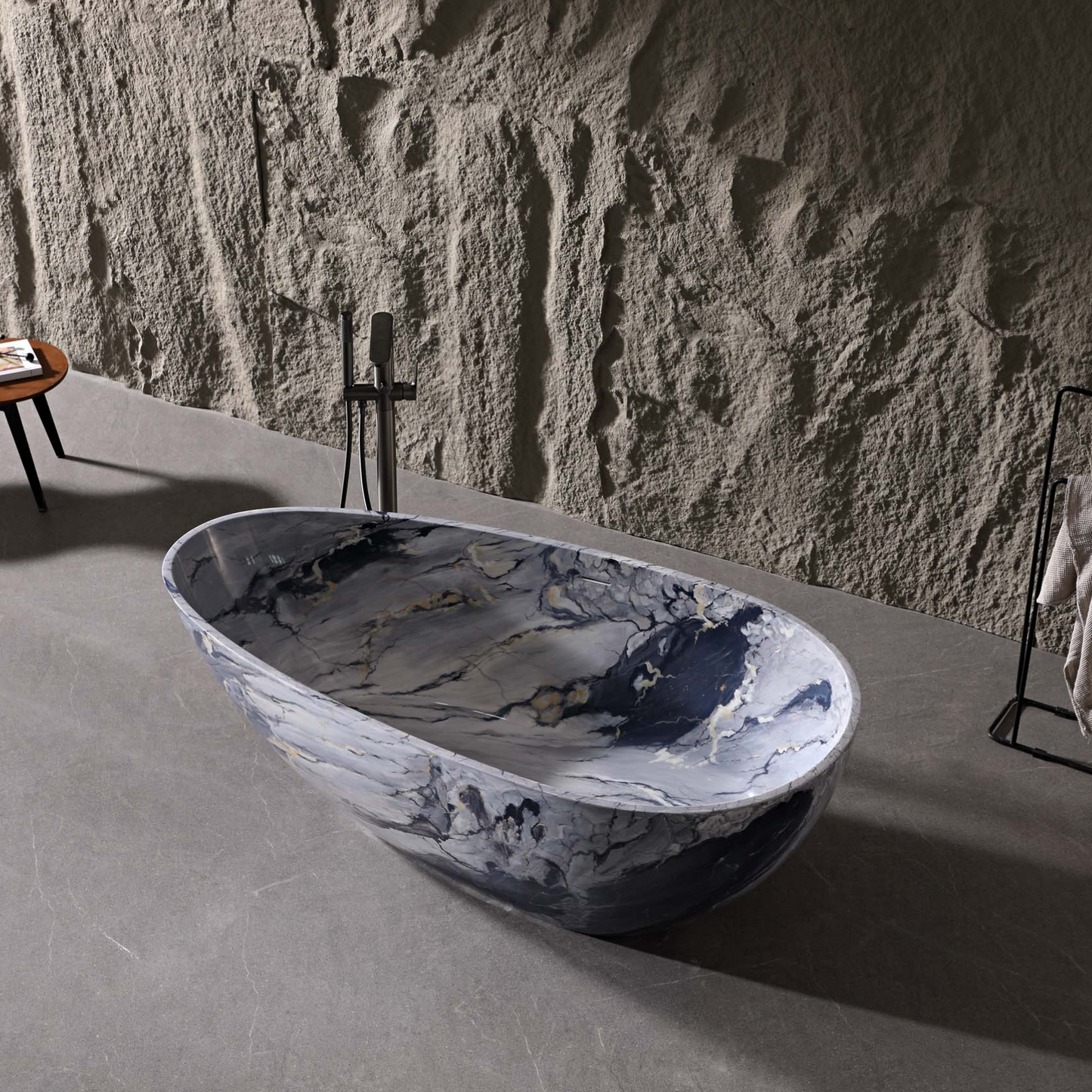 Vanityfus 31-in x 59-in Grey White Solid Surface Oval Freestanding Soaking Bathtub with Drain (Center Drain)