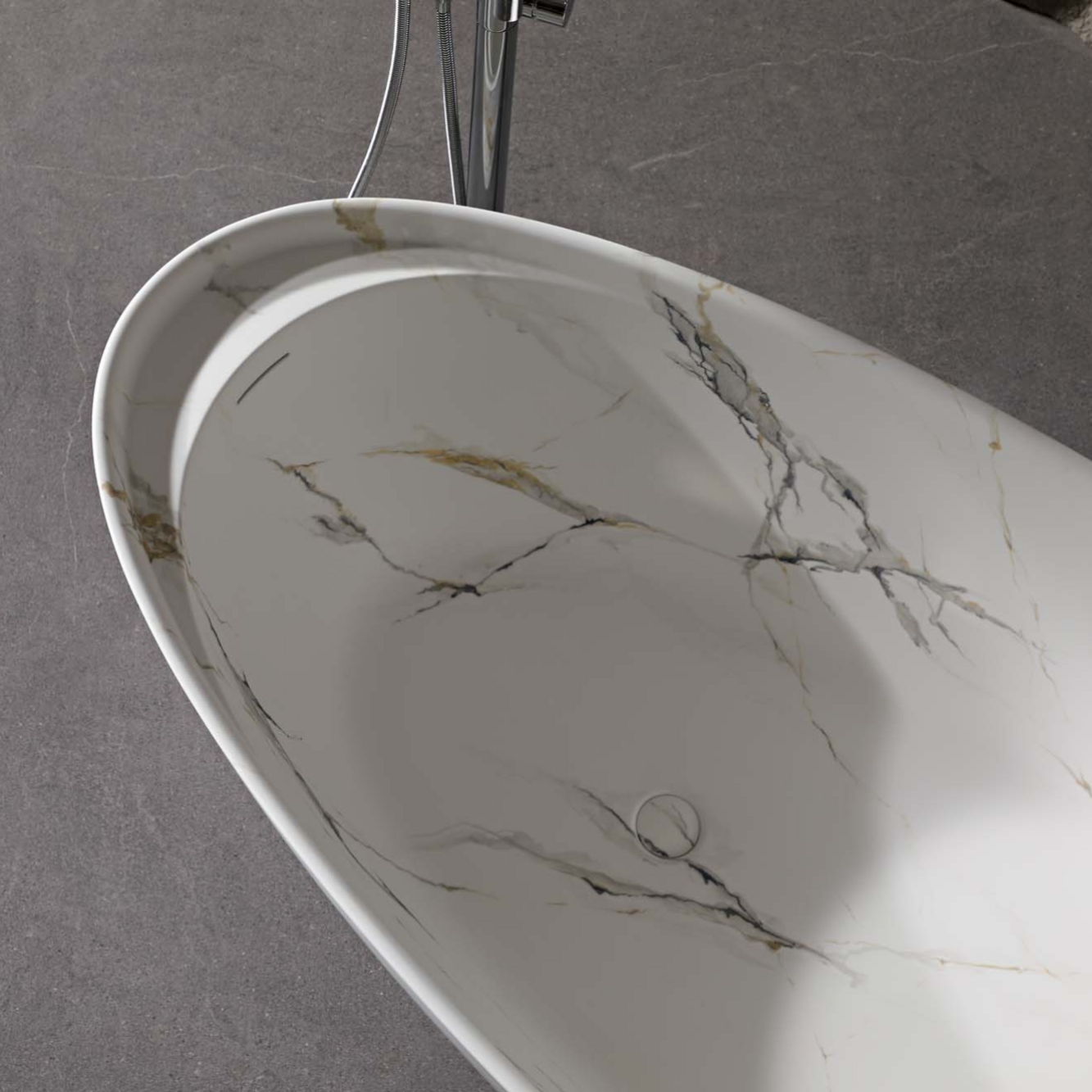 Vanityfus 34-in x 67-in Statuario White Marble Look Solid Surface Oval Freestanding Soaking Bathtub with Drain (Center Drain)