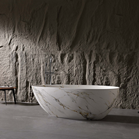 Vanityfus 34-in x 67-in Statuario White Marble Look Solid Surface Oval Freestanding Soaking Bathtub with Drain (Center Drain)