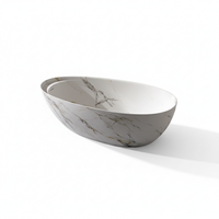 Vanityfus 34-in x 67-in Statuario White Marble Look Solid Surface Oval Freestanding Soaking Bathtub with Drain (Center Drain)