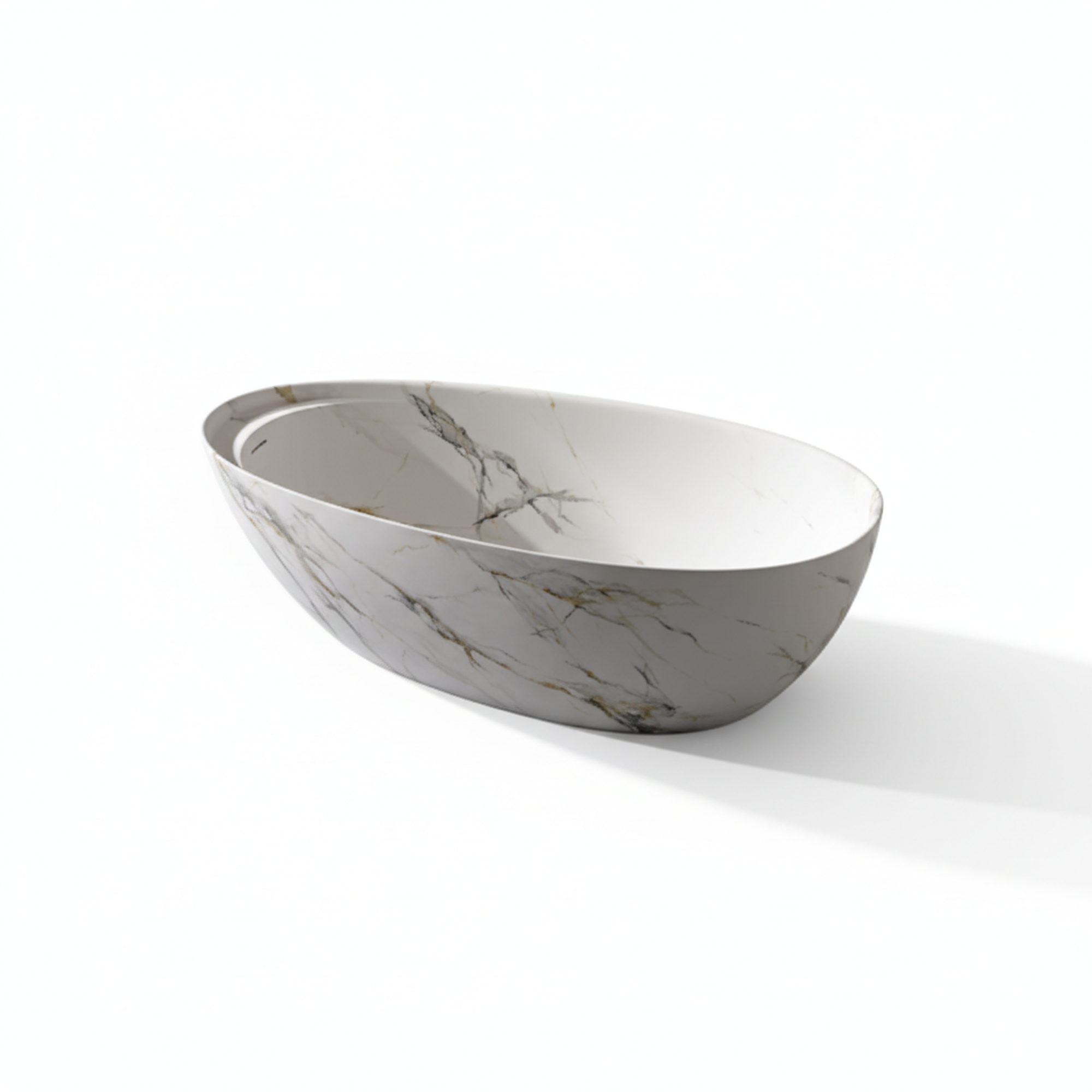 Vanityfus 34-in x 67-in Statuario White Marble Look Solid Surface Oval Freestanding Soaking Bathtub with Drain (Center Drain)