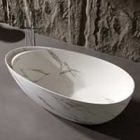Vanityfus 34-in x 67-in Statuario White Marble Look Solid Surface Oval Freestanding Soaking Bathtub with Drain (Center Drain)