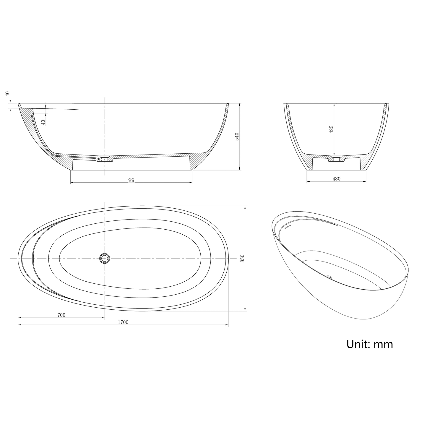 Vanityfus 34-in x 67-in Statuario White Marble Look Solid Surface Oval Freestanding Soaking Bathtub with Drain (Center Drain)