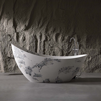 Vanityfus 32-in x 74-in White Black Moon-shaped Solid Surface Freestanding Soaking Bathtub with Drain (Center Drain)