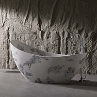 Vanityfus 32-in x 74-in White Black Moon-shaped Solid Surface Freestanding Soaking Bathtub with Drain (Center Drain)