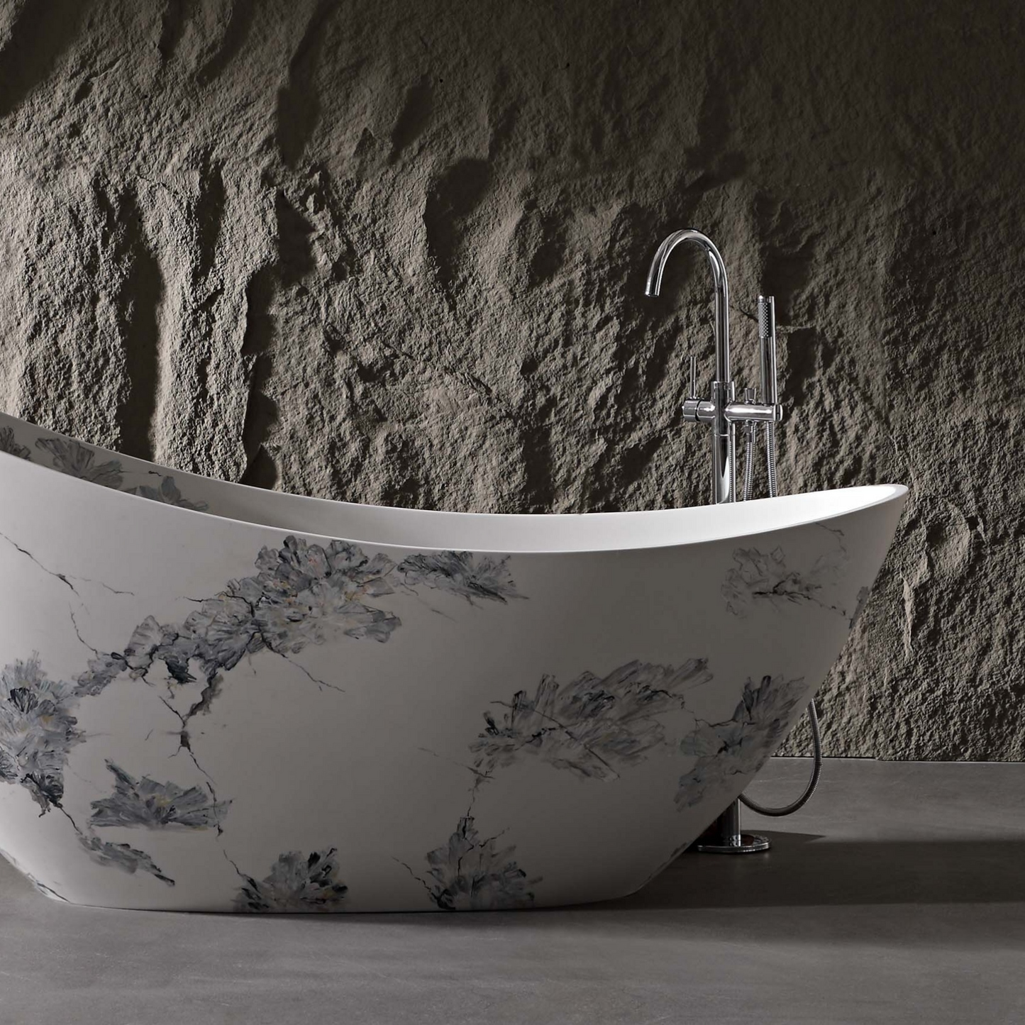 Vanityfus 32-in x 74-in White Black Moon-shaped Solid Surface Freestanding Soaking Bathtub with Drain (Center Drain)