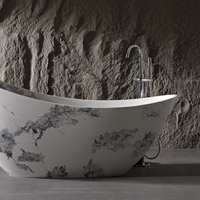 Vanityfus 32-in x 74-in White Black Moon-shaped Solid Surface Freestanding Soaking Bathtub with Drain (Center Drain)