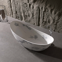 Vanityfus 32-in x 74-in White Black Moon-shaped Solid Surface Freestanding Soaking Bathtub with Drain (Center Drain)