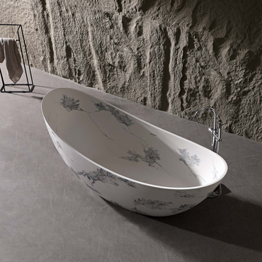 Vanityfus 32-in x 74-in White Black Moon-shaped Solid Surface Freestanding Soaking Bathtub with Drain (Center Drain)