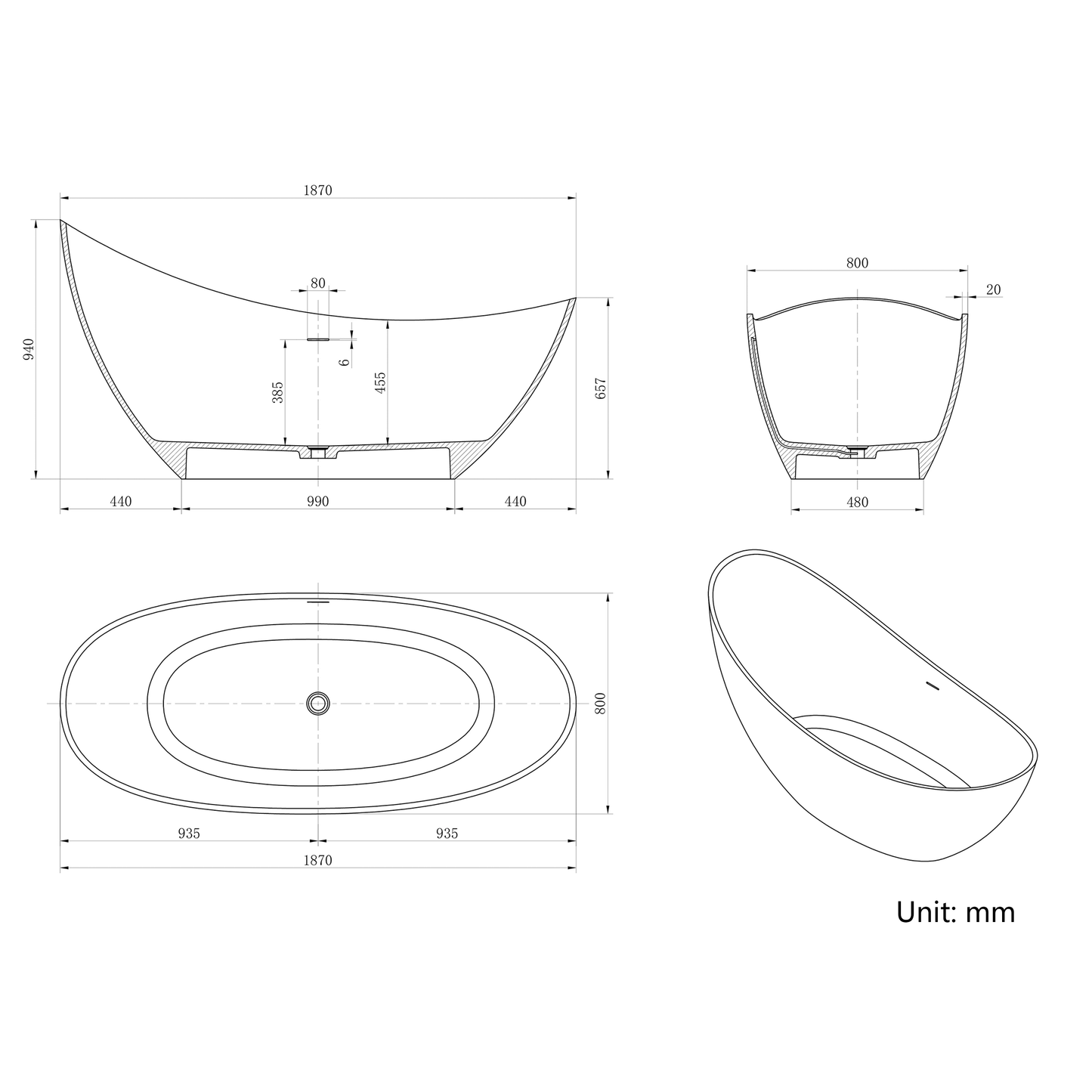 Vanityfus 32-in x 74-in White Black Moon-shaped Solid Surface Freestanding Soaking Bathtub with Drain (Center Drain)