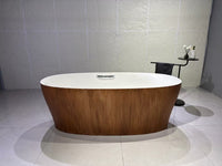 Vanityfus 30-in x 63-in Warm Brownwood Pure White Solid Surface Freestanding Oval Soaking Bathtub with Drain (Center Drain)