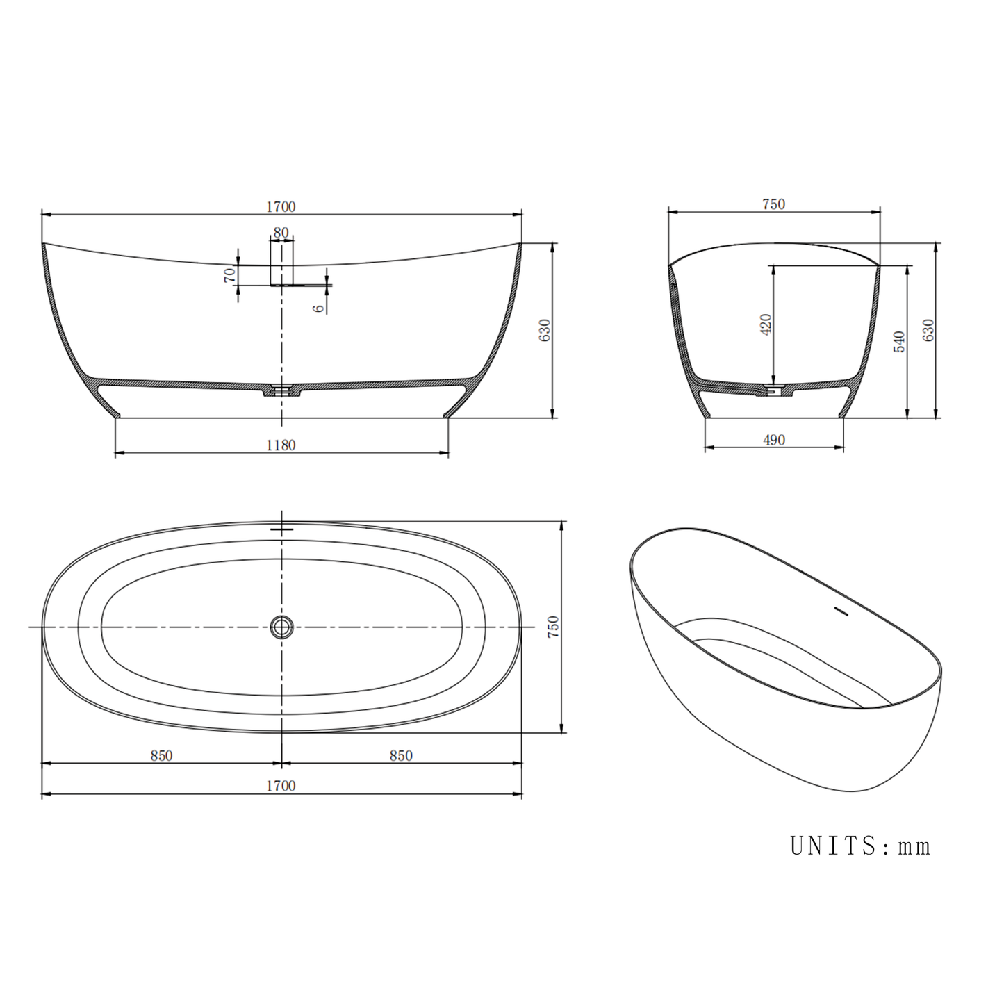 Vanityfus 30-in x 67-in Pure White Wooden Tone Solid Surface Oval Freestanding Soaking Bathtub with Drain (Center Drain)