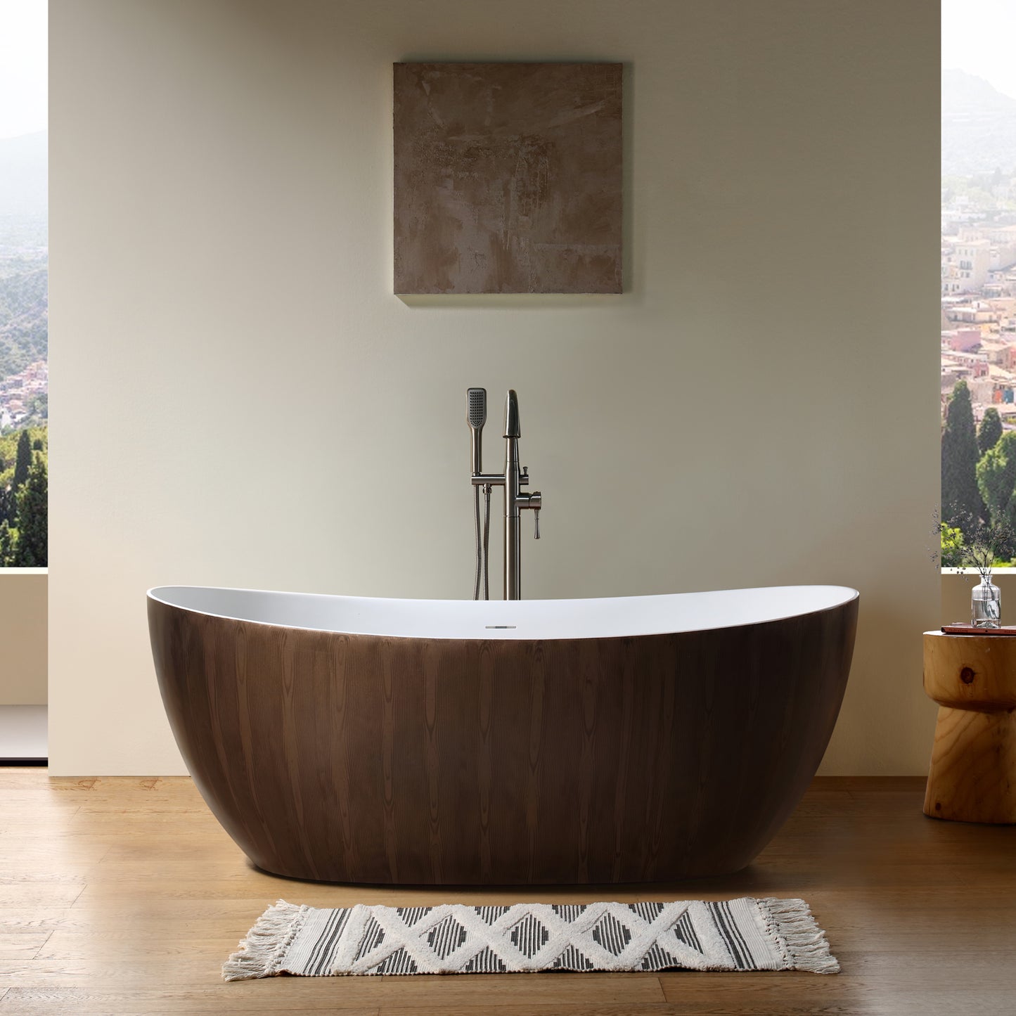 Vanityfus 30-in x 67-in Pure White Wooden Tone Solid Surface Oval Freestanding Soaking Bathtub with Drain (Center Drain)