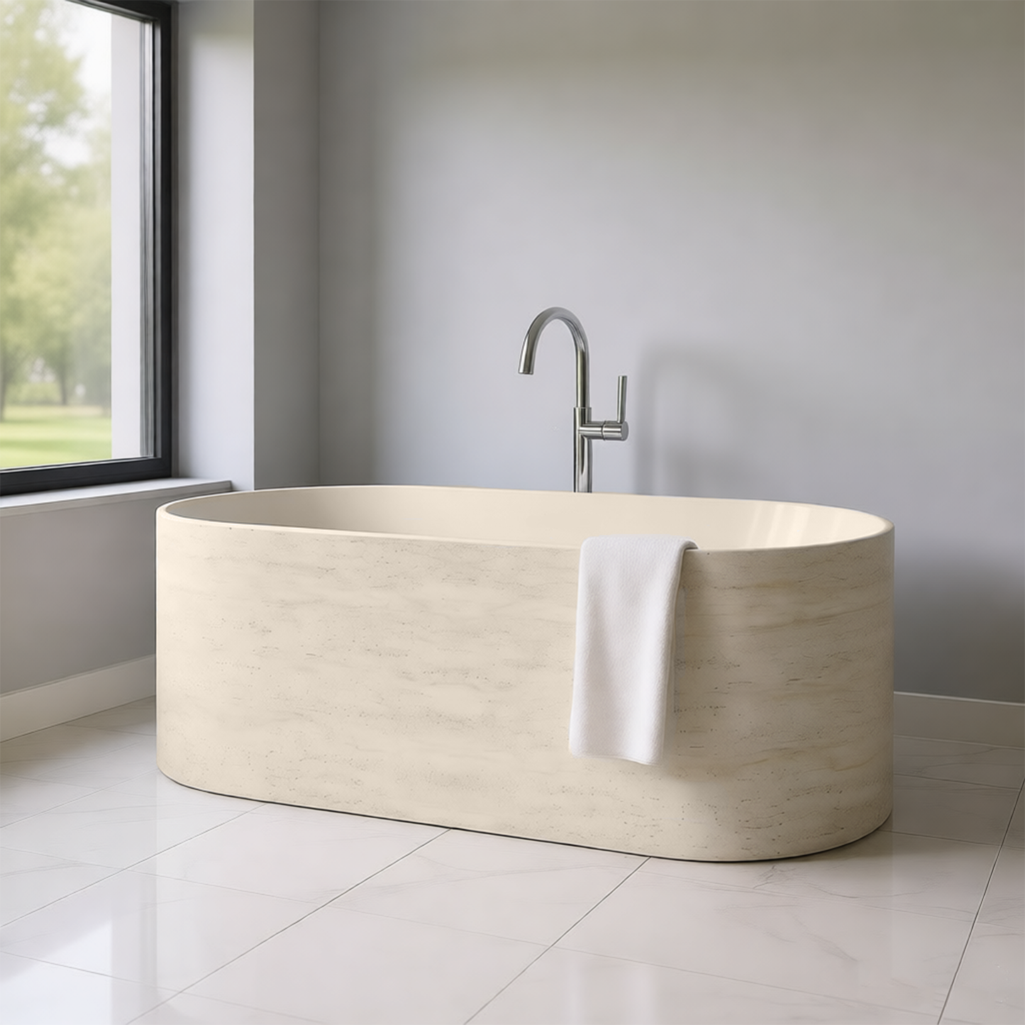Vanityfus 30-in x 63-in Beige Light Gray Solid Surface Freestanding Oval Soaking Bathtub with Drain (Center Drain)