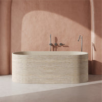Vanityfus 30-in x 63-in Beige Light Gray Solid Surface Freestanding Oval Soaking Bathtub with Drain (Center Drain)