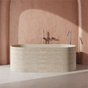 Vanityfus 30-in x 63-in Beige Light Gray Solid Surface Freestanding Oval Soaking Bathtub with Drain (Center Drain)