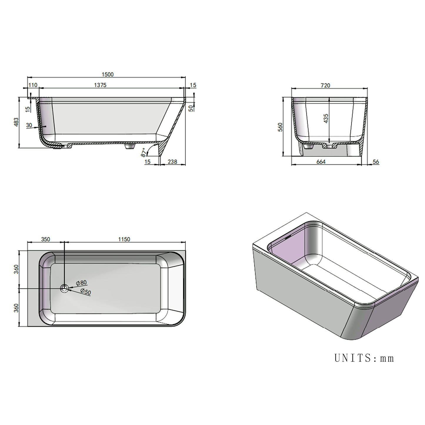 Vanityfus 29-in x 60-in Pure White Solid Surface Freestanding Rectangle Alcove Soaking Bathtub with Drain (Center Drain)