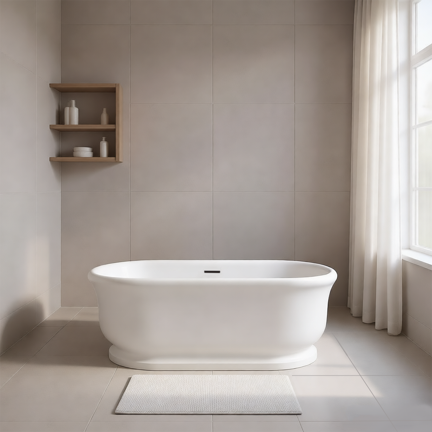 Vanityfus 32-in x 67-in Pure White Solid Surface Freestanding French Rolled Edge Soaking Bathtub with Drain (Center Drain)