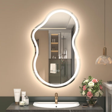 Vanityfus 20-in W 32-in H Irregular Frameless Wall-Mounted Beveled Dimmable LED Lighted Fog Free Bathroom Vanity Mirror in silver