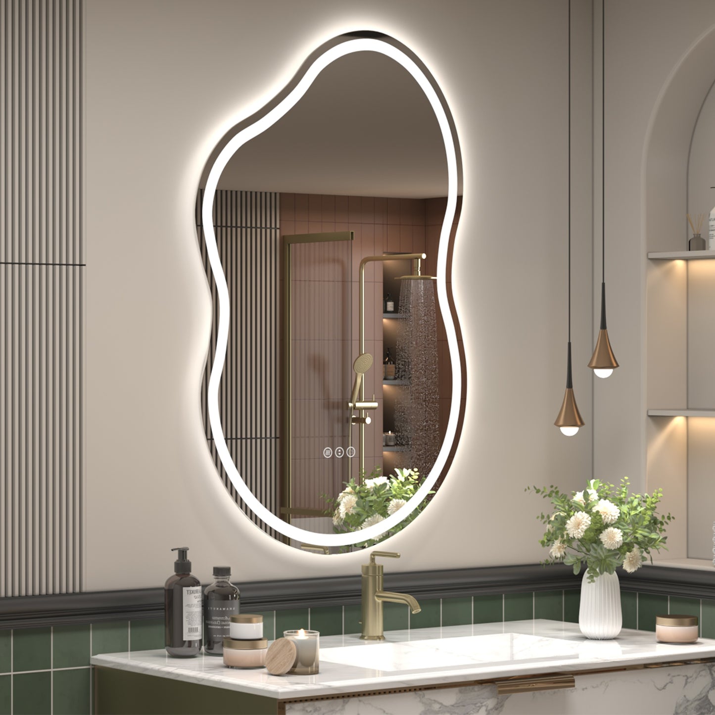Vanityfus 24-in W 40-in H Irregular Frameless Wall-Mounted Beveled Dimmable LED Lighted Fog Free Bathroom Vanity Mirror in silver