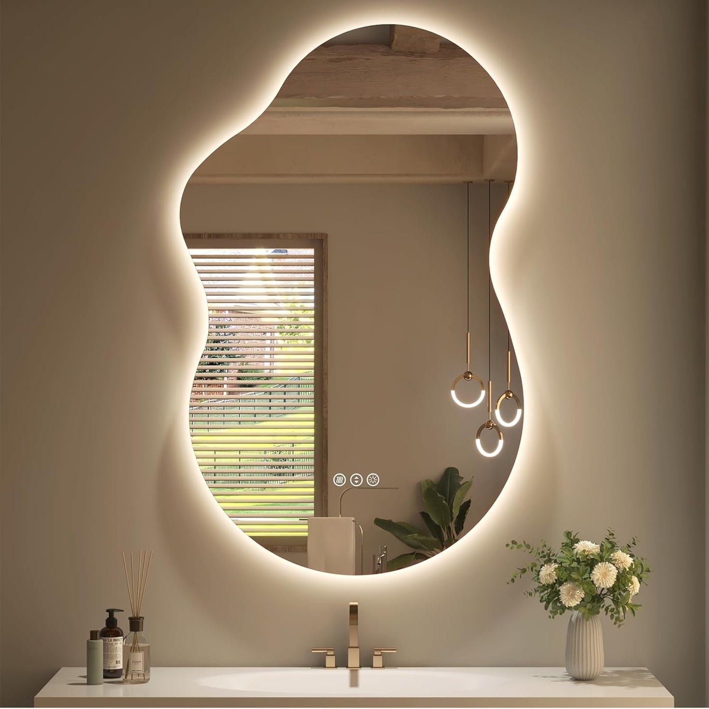 Vanityfus 20-in W 36-in H Irregular Frameless Wall-Mounted Beveled Dimmable LED Lighted Fog Free Bathroom Vanity Mirror in silver